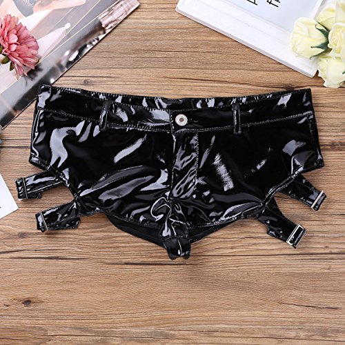 inlzdz Mujer Pantalones Cortos de Cuero Charol Brillante con Hebillas Mini Short Negro Hot Pants Bikini Short Wetlook Pantalones Cortos de Danza Clubwear para Mujer Negro XL