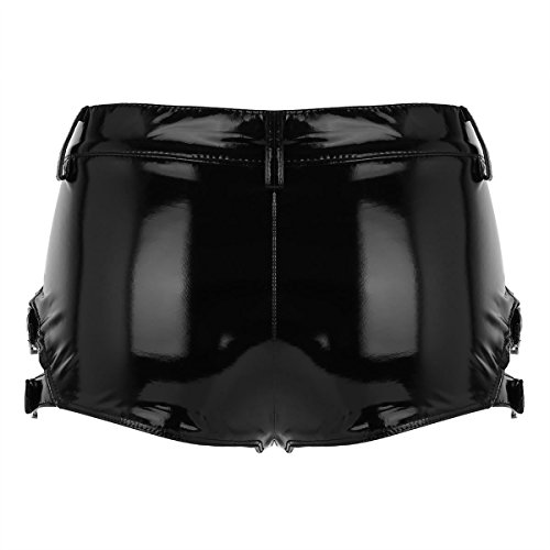 inlzdz Mujer Pantalones Cortos de Cuero Charol Brillante con Hebillas Mini Short Negro Hot Pants Bikini Short Wetlook Pantalones Cortos de Danza Clubwear para Mujer Negro XL