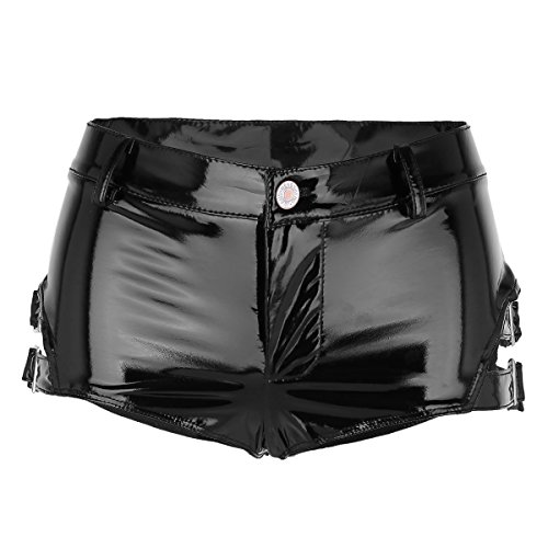 inlzdz Mujer Pantalones Cortos de Cuero Charol Brillante con Hebillas Mini Short Negro Hot Pants Bikini Short Wetlook Pantalones Cortos de Danza Clubwear para Mujer Negro XL