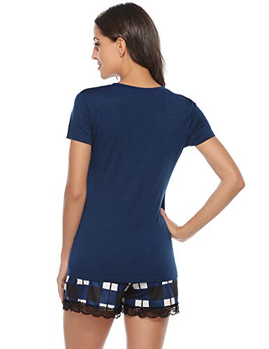 Irevia Pijamas Mujer Algodon Verano, Cómodo Manga Corta Camiseta de Color Puro y Pantalones Cortos a Cuadros Conjunto de 2 Piezas
