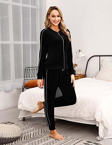 Irevial Conjunto de Chándal para Mujer de algodón,Cómodo Terciopelo Trajes de Manga Larga Chaquetas Deportivas con Cremallera Completa y Pantalones de Cintura Alta, Pijamas Set