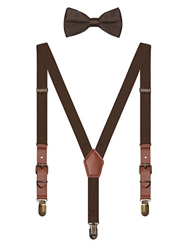 Irypulse Conjunto Tirantes Chic y Pajarita para 1-7 Años Bebé Niños Niñas 3 Clips Y Forma Retro Latón Clásico Longitud Ajustable Elástico - Marrón oscuro