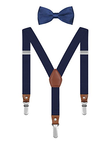 Irypulse Conjunto Tirantes Chic y Pajarita para 1-8 Años Bebé Niños Niñas 3 Clips Retro Y Forma Longitud Ajustable Elástico - Azul marino