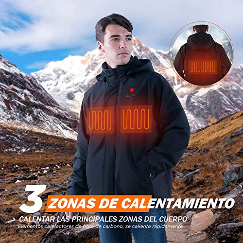 IUREK Chaqueta Calefactable Hombre y Mujer ZD960, Chaqueta Deportiva Térmica Impermeable con Capucha, Abrigo de Calefacción de 3 Zonas con Powerbank 10000 mAh, 3 Temperaturas para Invierno