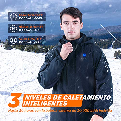 IUREK Chaqueta Calefactable Hombre y Mujer ZD960, Chaqueta Deportiva Térmica Impermeable con Capucha, Abrigo de Calefacción de 3 Zonas con Powerbank 10000 mAh, 3 Temperaturas para Invierno