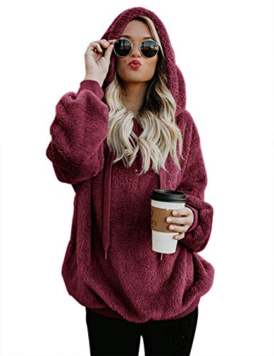 iWoo Abrigo de invierno para mujer, forro polar, sudadera con capucha para otoño, invierno, manga larga, con cremallera, para mujer, color rojo