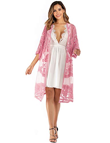 iWoo Kimono sexy para mujer, de encaje, con flores, crochet, parte delantera, chaqueta de punto, para verano, playa, vestido largo Rosa claro. Tallaúnica
