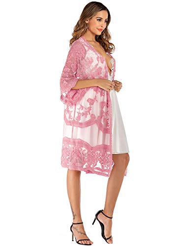 iWoo Kimono sexy para mujer, de encaje, con flores, crochet, parte delantera, chaqueta de punto, para verano, playa, vestido largo Rosa claro. Tallaúnica