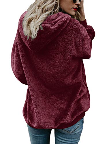 iWoo Sudadera de forro polar mullido para mujer, con cremallera 1/4 y bolsillos (rojo vino, S)