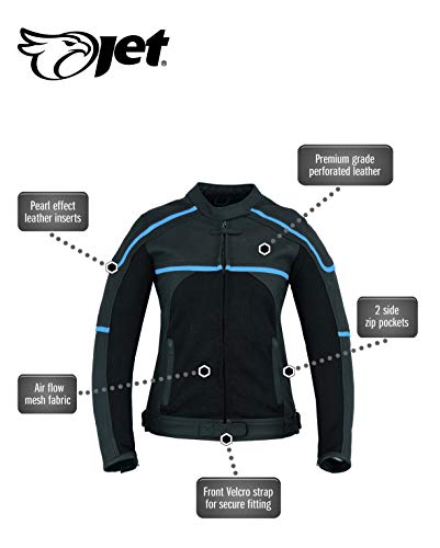 JET Chaqueta Moto Cuero Mujer Textil Cuero Premium Ventilación con Protecciones CARMEN (S (ES 36), Negro/Azul)