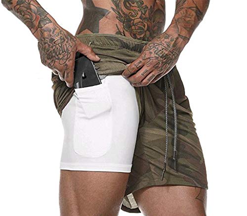 JIANYE Pantalón Corto para Hombre,Pantalones Cortos Deportivos para Correr 2 en 1 para Hombres Secado rápido Transpirable con Forro de Bolsillo Incorporado Ejército Verde L