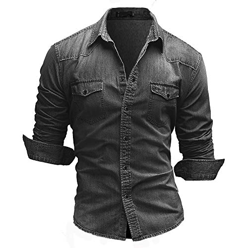 Jiayuan Camisa Vaquera Camisa Vaquera de algodón para Hombre Moda Primavera y otoño Camisa Vaquera Delgada de Manga Larga Moda Lavado Slim Top 3XL