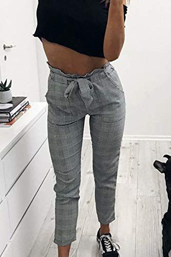 Jumojufol Pantalones Pitillo de Mujer Pantalón de Cintura de Cuadros Ajustados a Cuadros con Cintura en V Casual Negro M