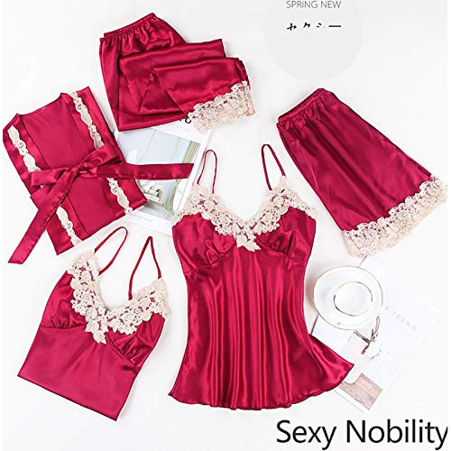 JUNGEN Conjunto de Pijamas de Mujer 5 Piezas Pijamas de Tirantes con Bata y Cortos y Pantalon Largo Ropa de Dormir Ropa de Dormir con Encaje y Diseño Cuello en v para Verano L (Azul Oscuro 2)