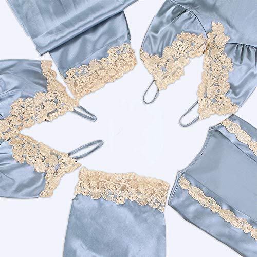 JUNGEN Conjunto de Pijamas de Mujer 5 Piezas Pijamas de Tirantes con Bata y Cortos y Pantalon Largo Ropa de Dormir Ropa de Dormir con Encaje y Diseño Cuello en v para Verano L (Azul Oscuro 2)