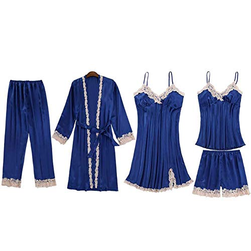 JUNGEN Conjunto de Pijamas de Mujer 5 Piezas Pijamas de Tirantes con Bata y Cortos y Pantalon Largo Ropa de Dormir Ropa de Dormir con Encaje y Diseño Cuello en v para Verano L (Azul Oscuro 2)