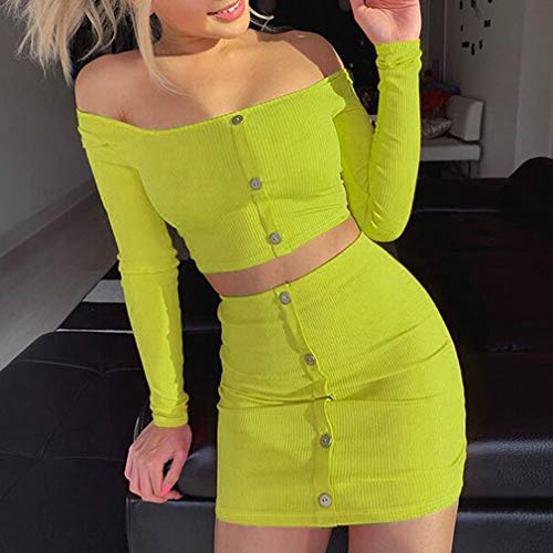 junkai Conjuntos Moda Conjuntos Mujer Naranja Brillante Botones Blusas Manga Larga Conjunto 2PCS Sexy Faldas Ajustadas Casuales