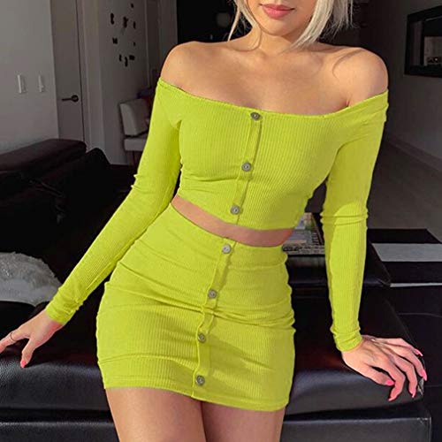 junkai Conjuntos Moda Conjuntos Mujer Naranja Brillante Botones Blusas Manga Larga Conjunto 2PCS Sexy Faldas Ajustadas Casuales