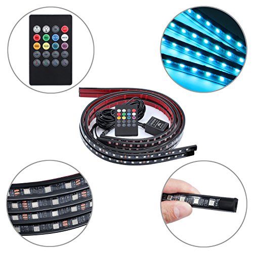 Justech Tira de LED 8 Colores Luces LED Coche con 16 Modos IP65 Neón Bajo la Luz del Resplandor del Coche 12V RGB Atmósfera Decorativa Luces con Sonido Activo y Control Remoto Inalámbrico