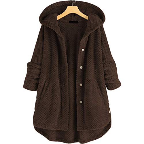 Katenyl Abrigo de felpa con capucha de color sólido para mujer Moda informal Chaqueta de abrigo cómoda de un solo pecho de media longitud de talla grande 3XL
