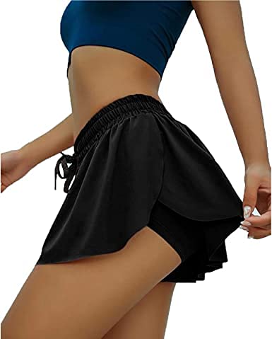 Keiki Kona Shorts para mujer Solid Fashion Lace-up Ruffle Soft Workout Shorts casuales, 2 in1 Flowy Fitness Shorts, Athletic Short Dry Quick Dry Gym Shorts Yoga de doble capa con bolsillo (Black,3XL)