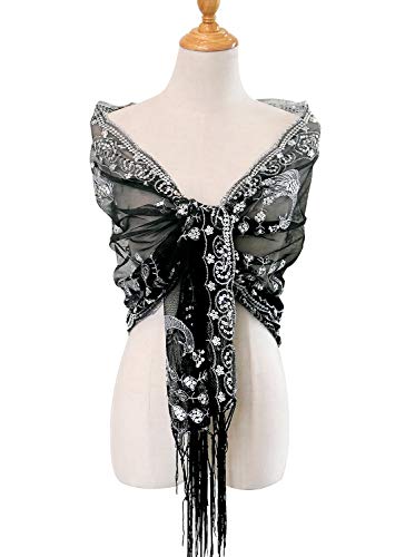 keland Gatsby 1920 bufanda de las mujeres Brillo de malla de lentejuelas de la boda del cabo del mantón con flecos por la tarde abrigo (Plateado/Negro)