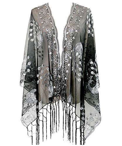 keland Gatsby 1920 bufanda de las mujeres Brillo de malla de lentejuelas de la boda del cabo del mantón con flecos por la tarde abrigo (Plateado/Negro)