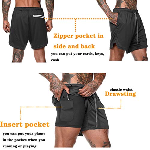 Kfnire Pantalones Cortos Deportivos para Hombre, Entrenamiento Ciclismo Fitness Corriendo 2 en 1 Pantalones Cortos con Bolsillos (EU M/Etiqueta L, Negro)