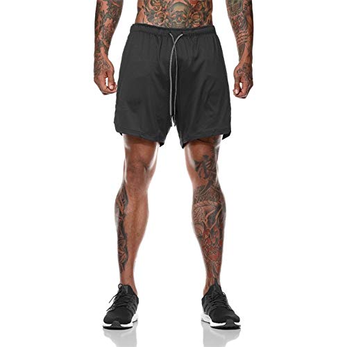 Kfnire Pantalones Cortos Deportivos para Hombre, Entrenamiento Ciclismo Fitness Corriendo 2 en 1 Pantalones Cortos con Bolsillos (EU M/Etiqueta L, Negro)