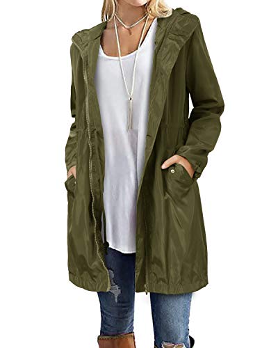 Kidsform Chaqueta Cortavientos para Mujer Ligera Impermeable Informal con Capucha Chaqueta con Bolsillos en la Capucha L-Army Green S