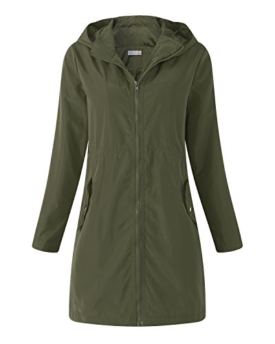 Kidsform Chaqueta Cortavientos para Mujer Ligera Impermeable Informal con Capucha Chaqueta con Bolsillos en la Capucha L-Army Green S