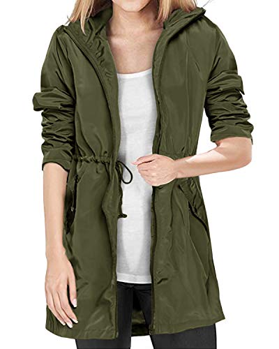 Kidsform Chaqueta Cortavientos para Mujer Ligera Impermeable Informal con Capucha Chaqueta con Bolsillos en la Capucha L-Army Green S