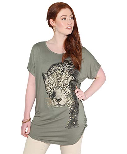 KRISP Camiseta Mujer Blusa Leopardo Top Brillante Camisa Casual Tallas Grandes, Caqui, 36 EU (08 UK), 3277-KHA-08