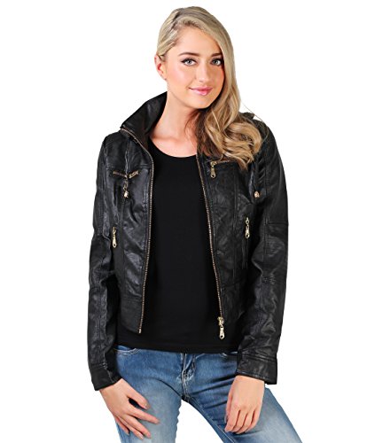 KRISP Chaqueta Mujer Biker Tacto Cuero Moda Barata, Negro, M, 5027-BLK-M