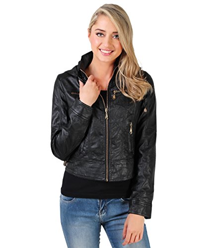 KRISP Chaqueta Mujer Biker Tacto Cuero Moda Barata, Negro, M, 5027-BLK-M