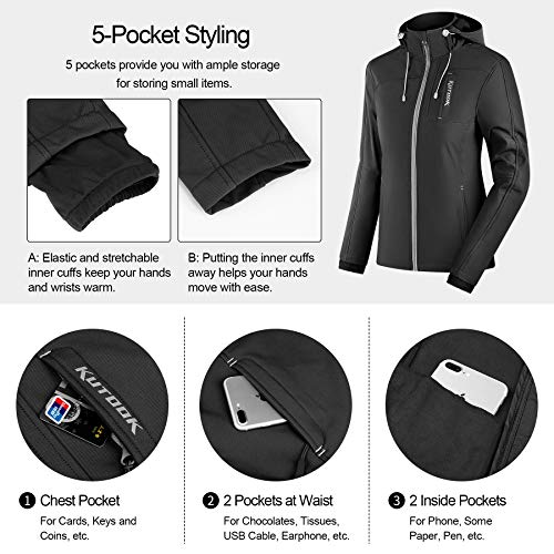 KUTOOK Chaqueta Softshell Mujer Invierno para SenderismoTrekking Montaña Escalada Esquí Roap Impermeable Cortavientos con Capucha Extraíble y Múltiples Bolsillos(Gris,L)