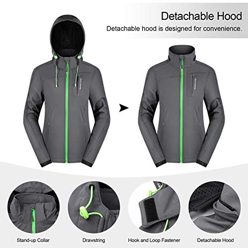 KUTOOK Chaqueta Softshell Mujer Invierno para SenderismoTrekking Montaña Escalada Esquí Roap Impermeable Cortavientos con Capucha Extraíble y Múltiples Bolsillos(Gris,L)