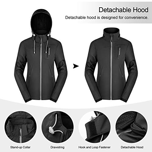 KUTOOK Chaqueta Softshell Mujer Invierno para SenderismoTrekking Montaña Escalada Esquí Roap Impermeable Cortavientos con Capucha Extraíble y Múltiples Bolsillos(Negro,XL)