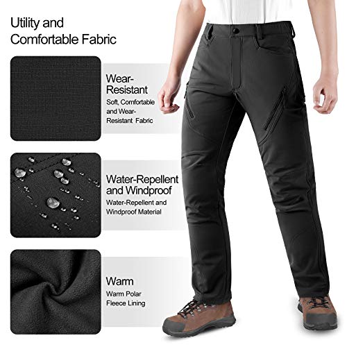 KUTOOK Pantalones Trekking Hombre Softshell Impermeables y A Prueba de Viento Transpirables Cálidos Pantalones Invierno con Forro Polar para Montaña Escalada Running(Negro,L)