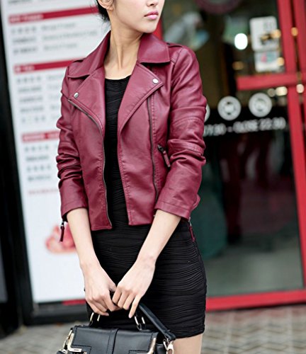 LaoZan Chaquetas PU Cuero Moto Cazadoras Corta Chaqueta con Cremallera XL Vino Rojo