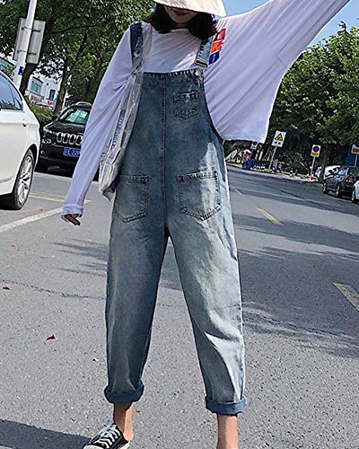 LaoZanA Mujer Mono Vaquero Pantalones Boyfriend Baggy Peto Jeans Azul Claro L