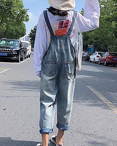 LaoZanA Mujer Mono Vaquero Pantalones Boyfriend Baggy Peto Jeans Azul Claro L