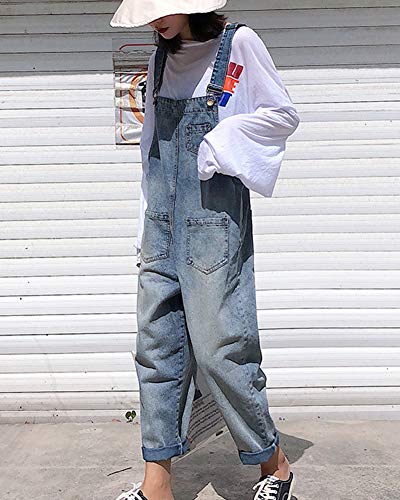 LaoZanA Mujer Mono Vaquero Pantalones Boyfriend Baggy Peto Jeans Azul Claro L