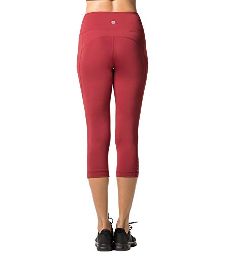 LAPASA Mallas Deportivas 3/4 Capris de Mujer Cintura Alta (Leggings para Yoga, Pilates, Running) L02 (XXL/46 (Cintura 97-104, Cadera 112-120 cm), Rojo Oscuro (Bolsillo Lateral))