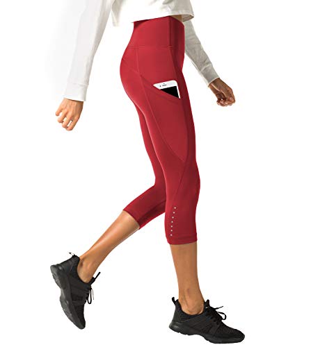 LAPASA Mallas Deportivas 3/4 Capris de Mujer Cintura Alta (Leggings para Yoga, Pilates, Running) L02 (XXL/46 (Cintura 97-104, Cadera 112-120 cm), Rojo Oscuro (Bolsillo Lateral))