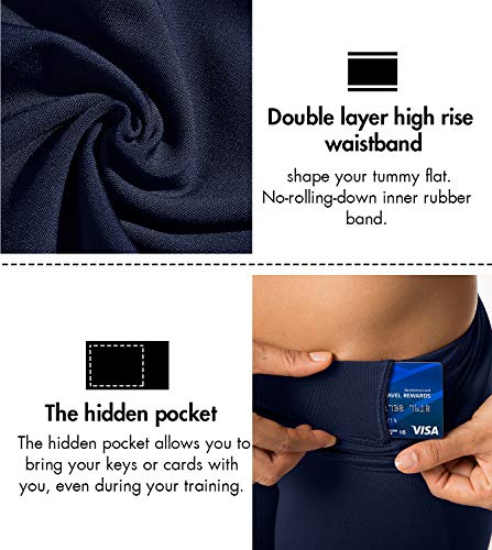 LAPASA Pantalón Deportivo de Mujer Cintura Alta Malla para Running Yoga y Ejercicio. L01 (2.Azul Marino/Navy, L/40-41 (Cintura 81-89, Cadera 96-103 cm))
