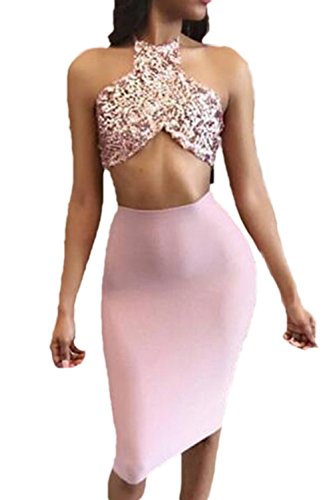 Las Mujeres Verano Elegante 2 Piezas Vestido De Paillettes Crop Top Y Falda Vestido De Fiesta Vestido Bodycon Pink XS