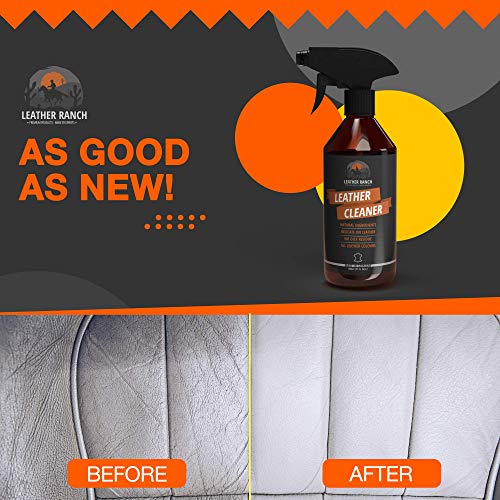 LEATHER RANCH Spray Limpiador Cuero Coche, Bolsos, Zapatos, Chaquetas - Limpiador Cuero Sofas, Previene la Decoloración - Limpia Tapicerias, Volante y Asientos Cuero - Cuidado Cuero sin Tóxicos, 500ml