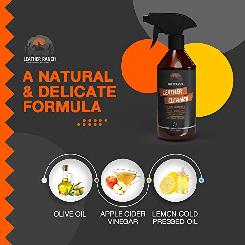 LEATHER RANCH Spray Limpiador Cuero Coche, Bolsos, Zapatos, Chaquetas - Limpiador Cuero Sofas, Previene la Decoloración - Limpia Tapicerias, Volante y Asientos Cuero - Cuidado Cuero sin Tóxicos, 500ml