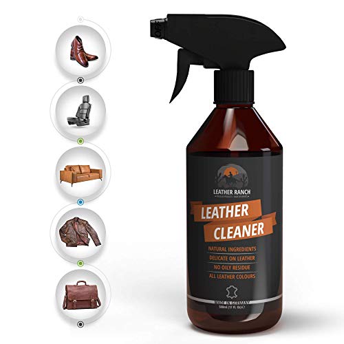 LEATHER RANCH Spray Limpiador Cuero Coche, Bolsos, Zapatos, Chaquetas - Limpiador Cuero Sofas, Previene la Decoloración - Limpia Tapicerias, Volante y Asientos Cuero - Cuidado Cuero sin Tóxicos, 500ml